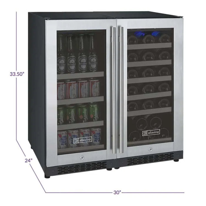 Allavino 30" FlexCount II Tru-Vino Dual Zone Built-In Wine Cooler & Beverage Center with 30 Bottle & 88 Can Capacity VSWB30-2SF20