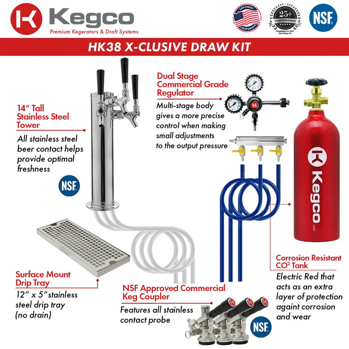 Kegco 24" Triple Faucet Freestanding or Built-in Indoor Kegerator - HK38BSU-3