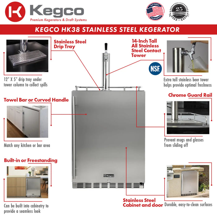 Kegco 24" Single Faucet Freestanding or Built-In Outdoor Kegerator - HK38SSU-1