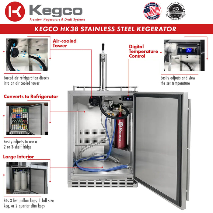 Kegco 24" Single Faucet Freestanding or Built-In Outdoor Kegerator - HK38SSU-1