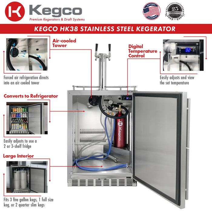 Kegco 24" Dual Faucet Freestanding or Built-in Outdoor Kegerator - HK38SSU-2