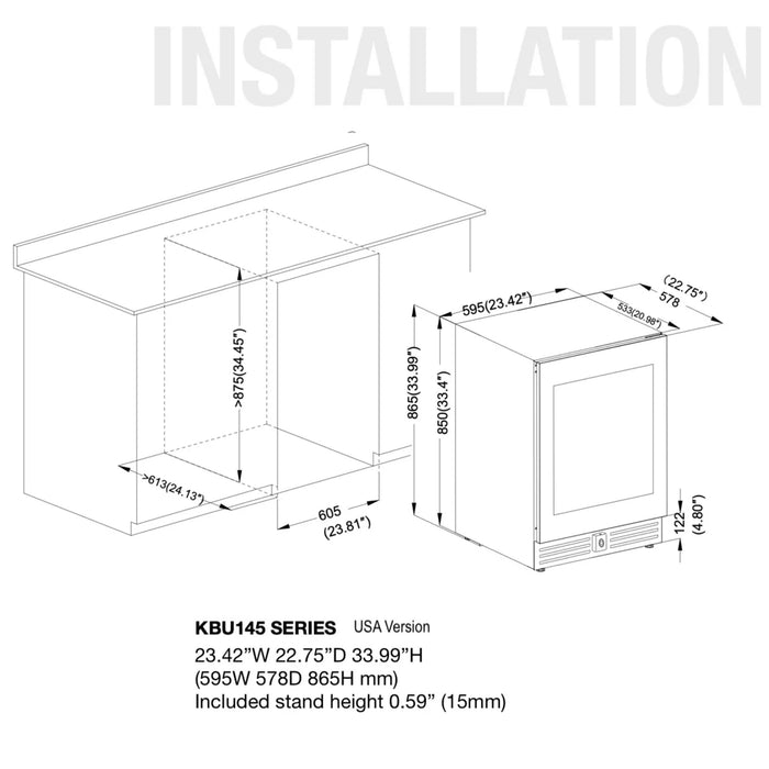 KingsBottle 23.5" Undercounter Single Zone Beverage Center with 161 Can Capacity KBU145BX