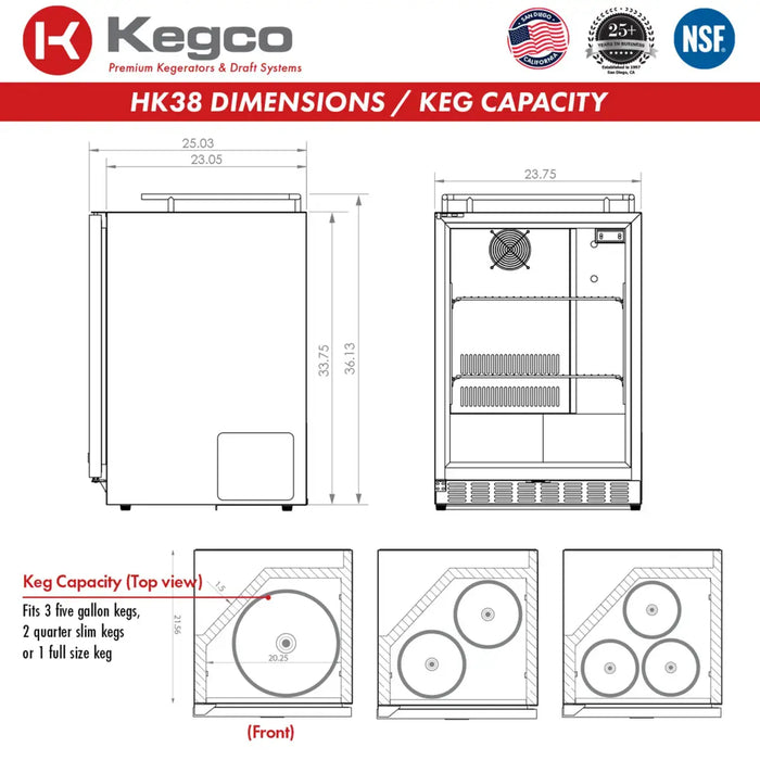 Kegco 24" Triple Faucet Freestanding or Built-in Outdoor Kegerator - HK38SSU-3