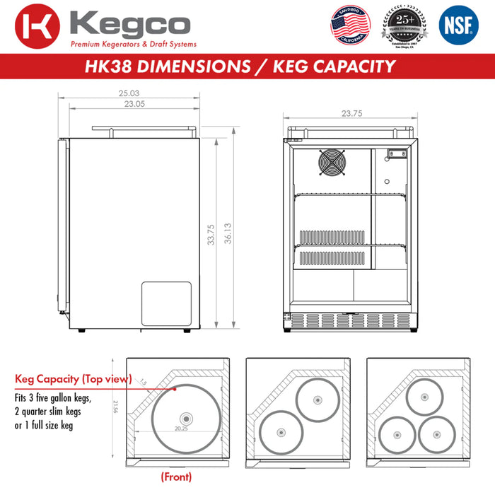 Kegco 24" Dual Faucet Freestanding or Built-in Indoor Kegerator - HK38BSU-2