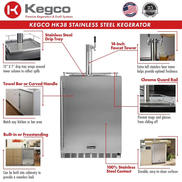 Kegco 24" Single Faucet Freestanding or Built-In Indoor Kegerator - HK38BSU-1