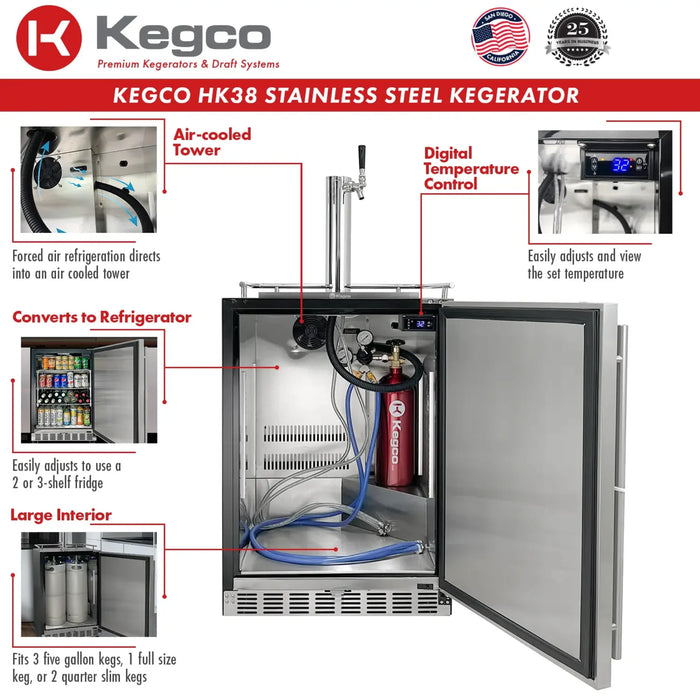 Kegco 24" Single Faucet Freestanding or Built-In Indoor Kegerator - HK38BSU-1