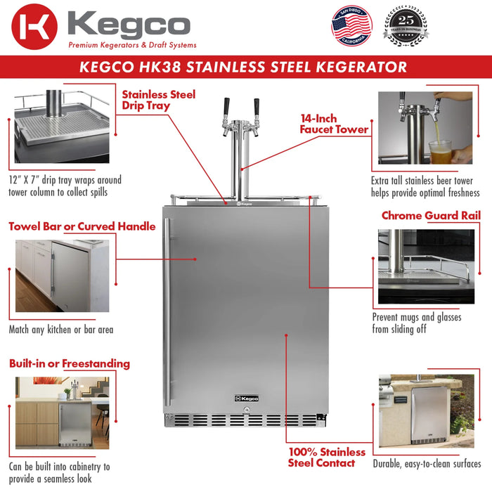 Kegco 24" Dual Faucet Freestanding or Built-in Indoor Kegerator - HK38BSU-2