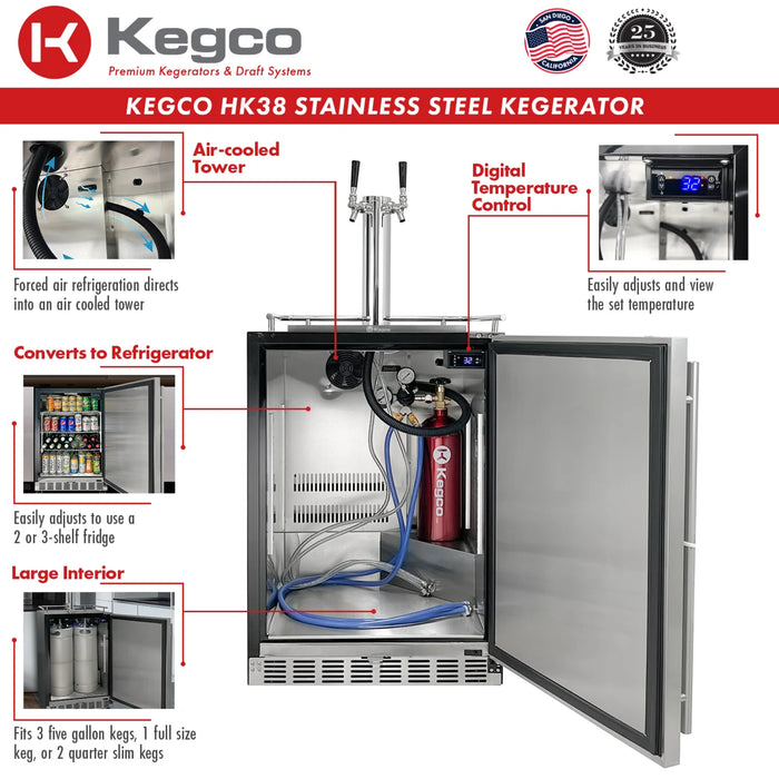 Kegco 24" Dual Faucet Freestanding or Built-in Indoor Kegerator - HK38BSU-2