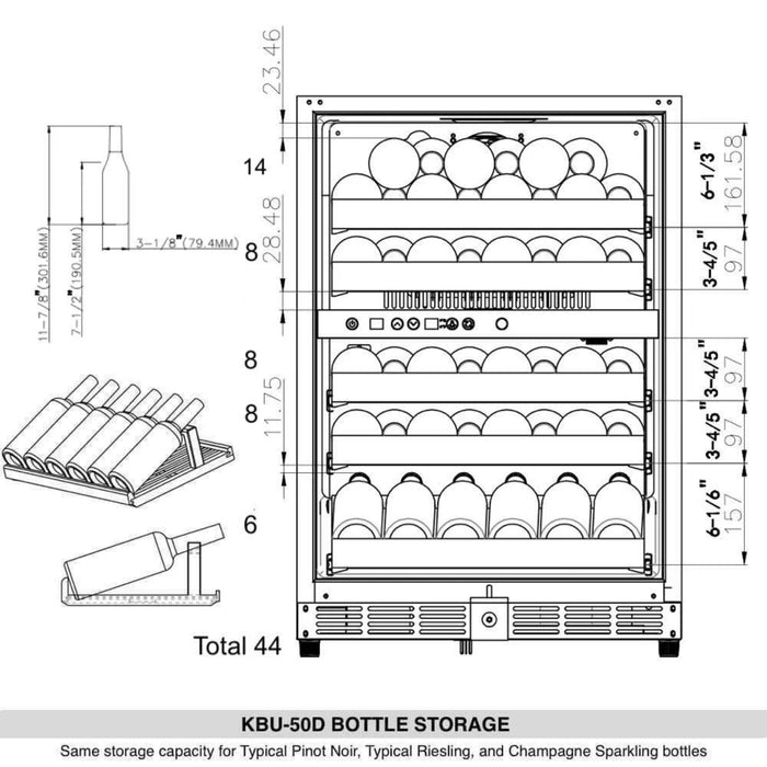 KingsBottle 23.5" Triple Zone Wine & Beverage Center with 44 Bottle & 160 Can Capacity KBU50BW3-SS