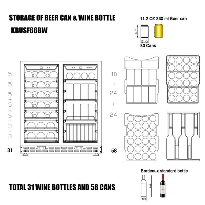 KingsBottle 29.5" Undercounter Dual Zone Wine and Beverage Center with 31 Bottle & 58 Can Capacity KBUSF66BW-BP