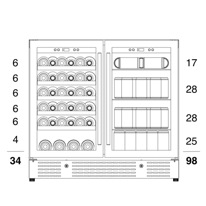 KingsBottle 35.4" Dual Zone Wine and Beverage Center with 34 Bottle & 98 Can Capacity KBU190BW