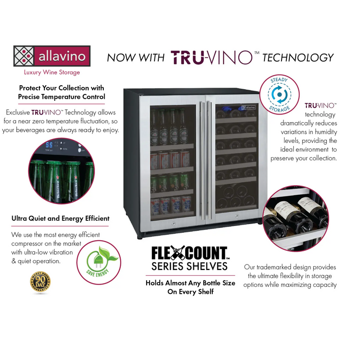 Allavino 30" FlexCount II Tru-Vino Dual Zone Built-In Wine Cooler & Beverage Center with 30 Bottle & 88 Can Capacity VSWB30-2SF20