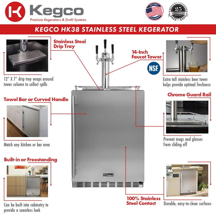 Kegco 24" Triple Faucet Freestanding or Built-in Indoor Kegerator - HK38BSU-3