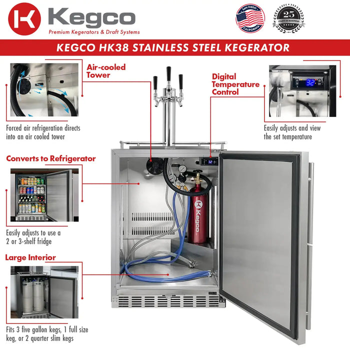 Kegco 24" Triple Faucet Freestanding or Built-in Indoor Kegerator - HK38BSU-3